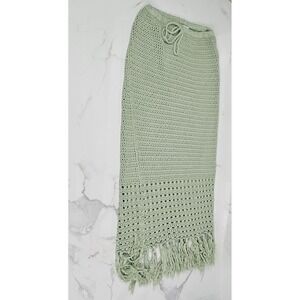 Emory Park Sage Green Crochet Knit Midi Skirt Fringe Tassel IMK8950S Small